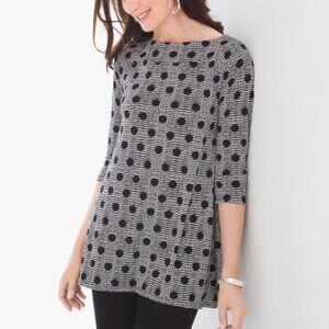 Chico's Tunic Dot-Print Portrait  3/4 Sleeve Black White Pullover Relaxed  XL